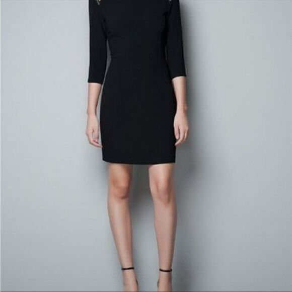 Zara Woman Black 3/4 Sleeve Embellished Rhinestone Shoulder LBD Cocktail Dress - Picture 3 of 16